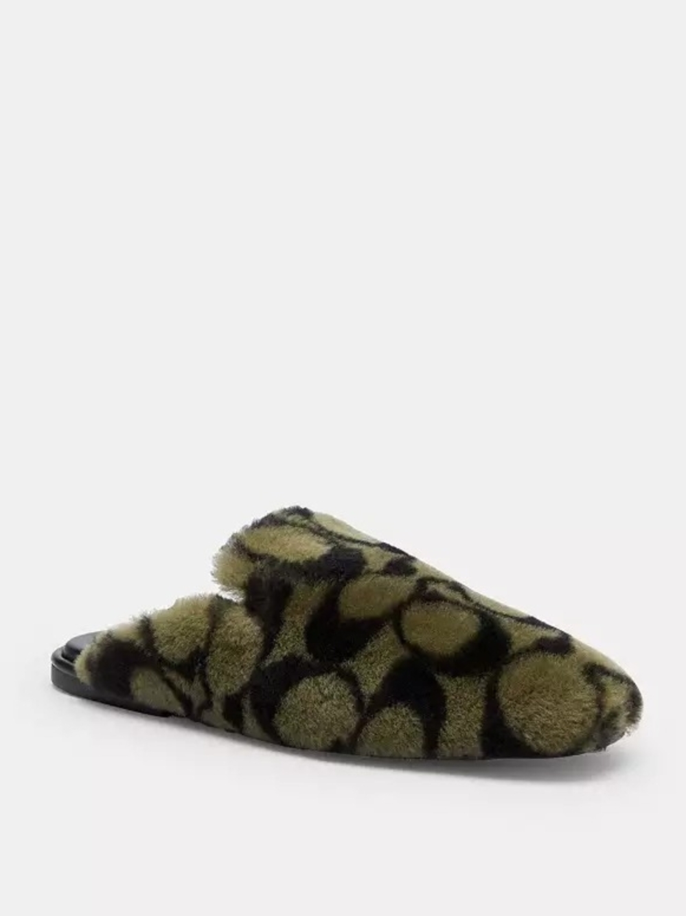 Coach Olive Green and Black Faux-Fur Logo Mule